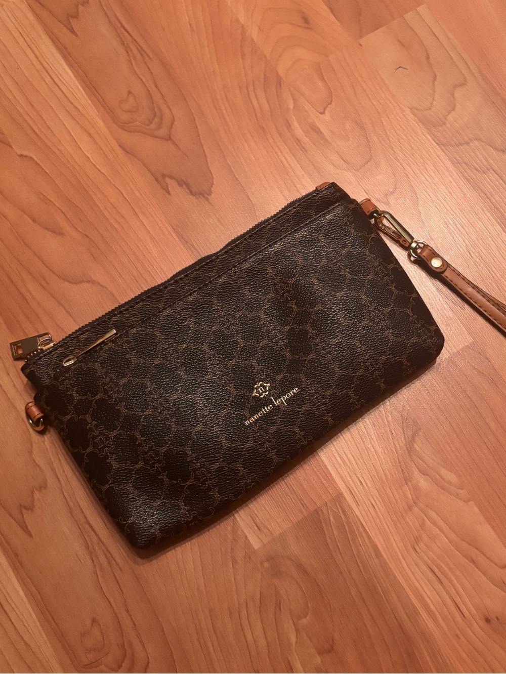 Nanette Lepore Brown and Tan Monogram Wristlet Clutch - Hal Triple Section Bag